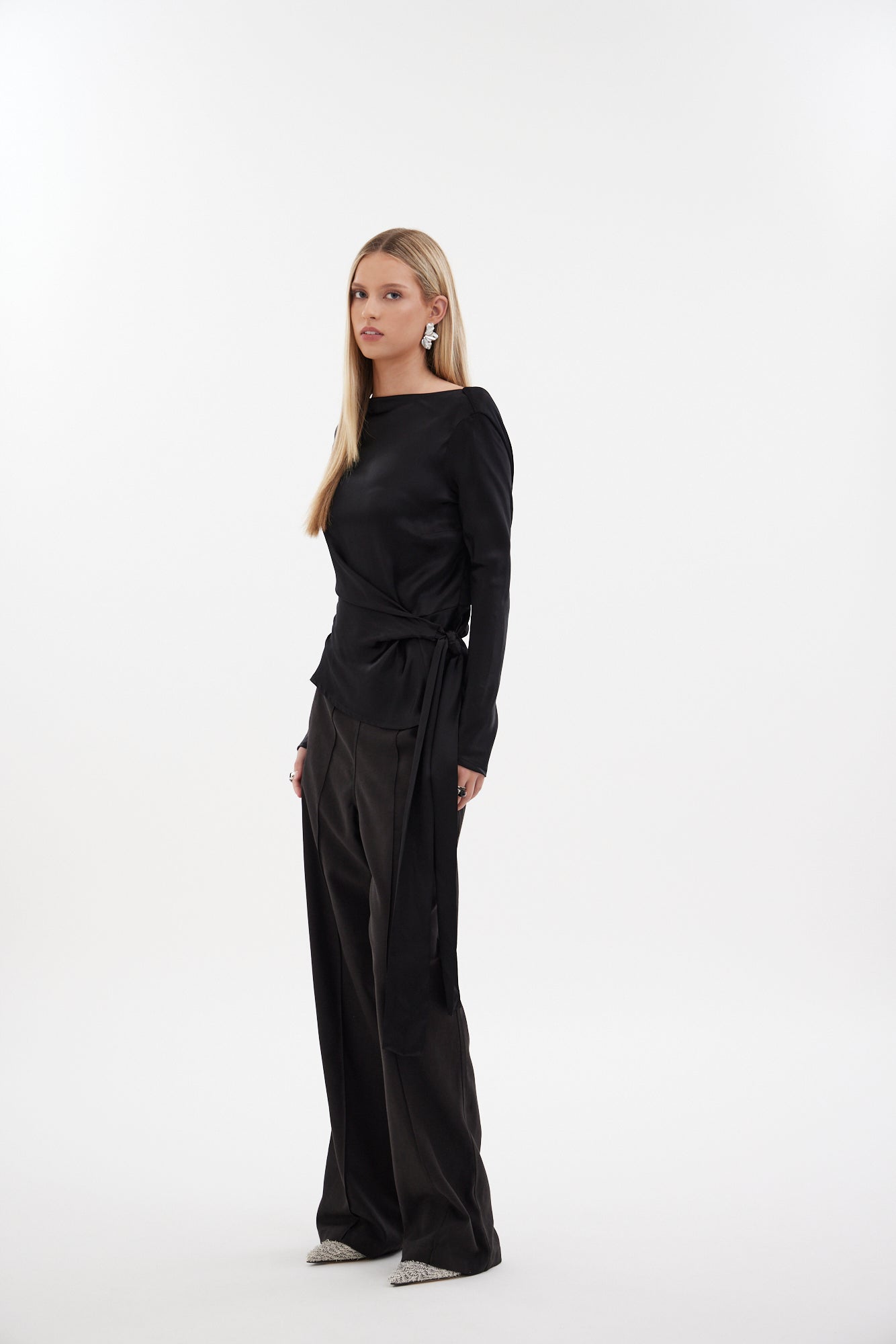 The Zenith Top by Racket - a sculpted cross over top with bias sleeves and adjustable tie. Available in crepe and satin back crepe. NZ made.