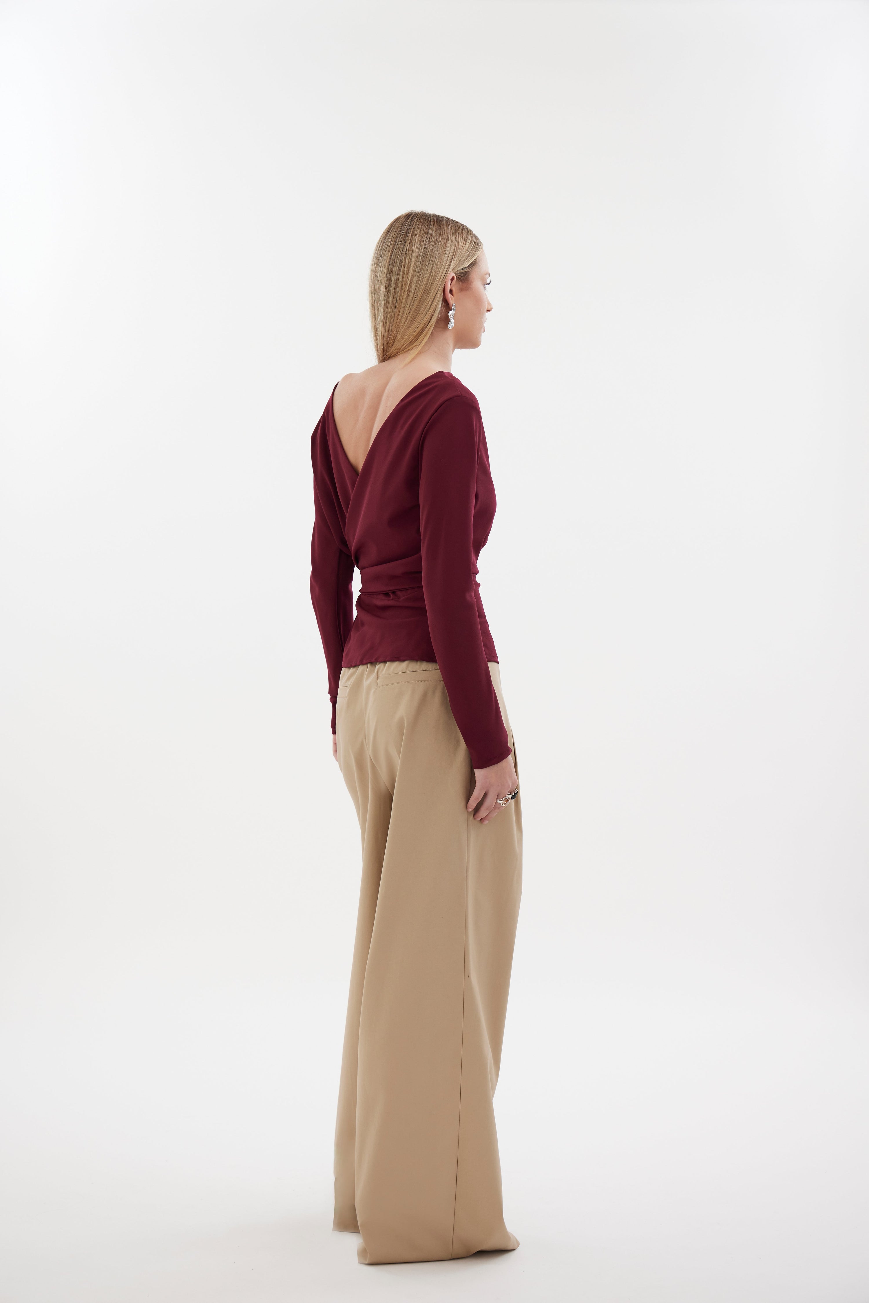 The Zenith Top by Racket - a sculpted cross over top with bias sleeves and adjustable tie. Available in crepe and satin back crepe. NZ made.