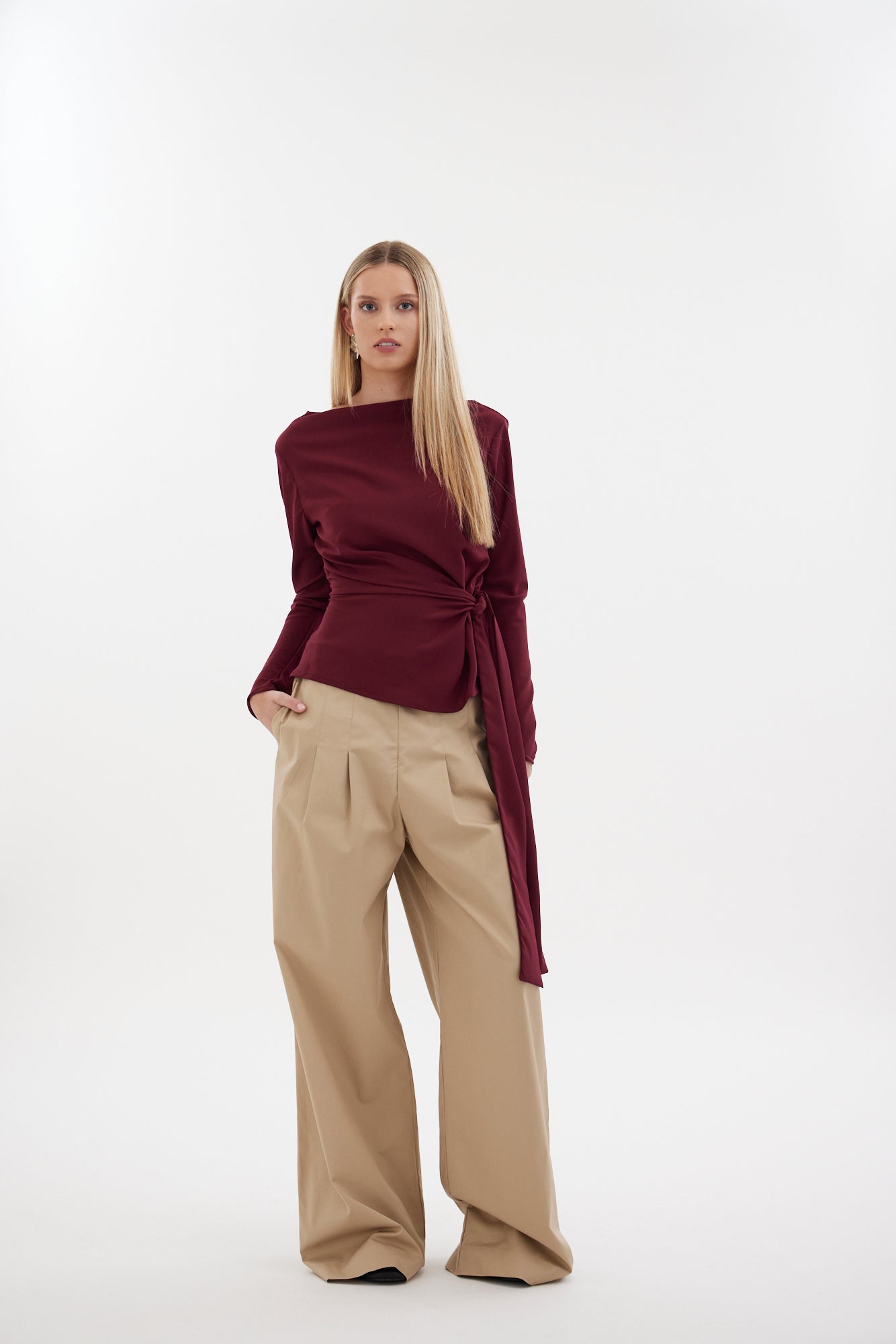 The Zenith Top by Racket - a sculpted cross over top with bias sleeves and adjustable tie. Available in crepe and satin back crepe. NZ made.