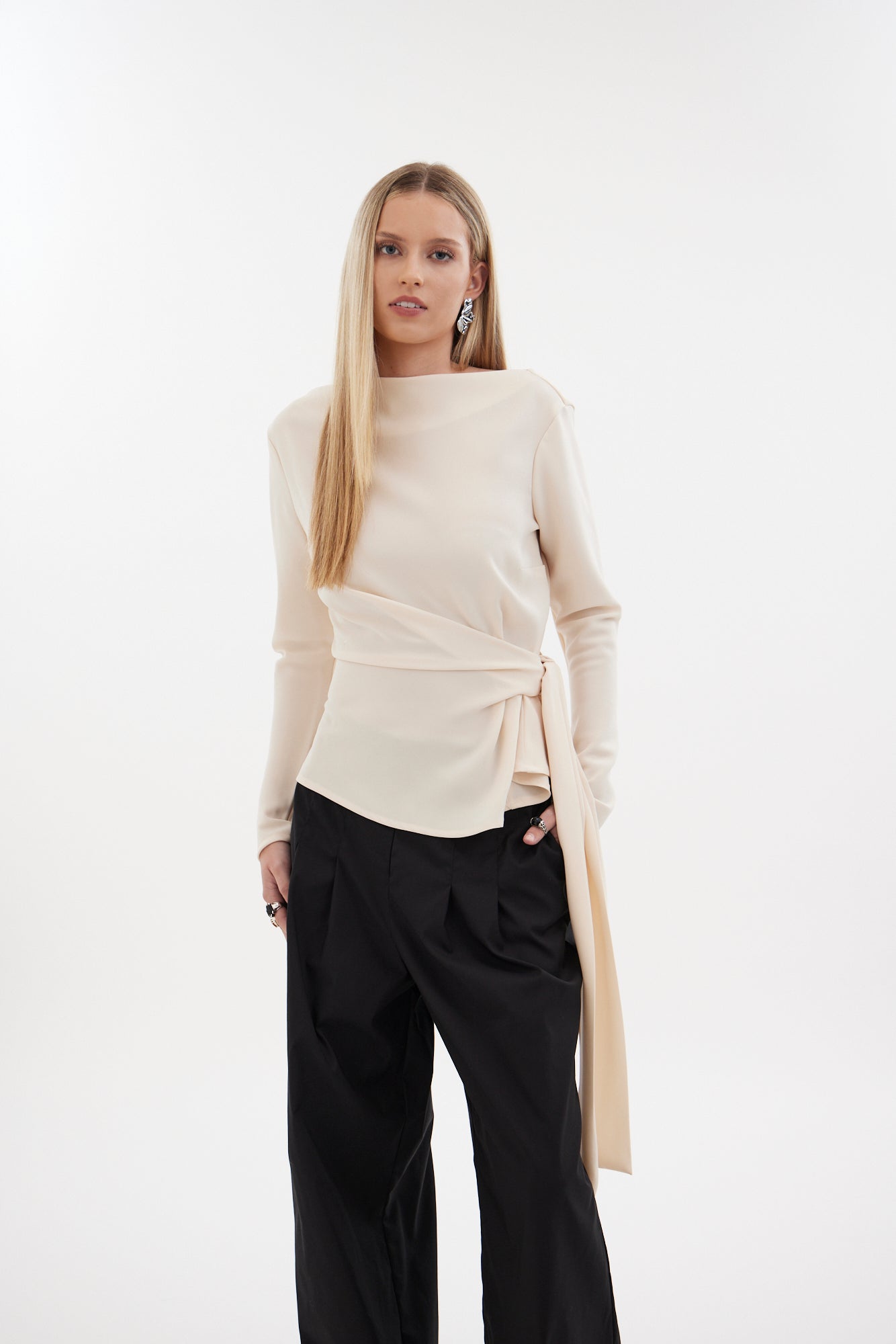 The Zenith Top by Racket - a sculpted cross over top with bias sleeves and adjustable tie. Available in crepe and satin back crepe. NZ made.