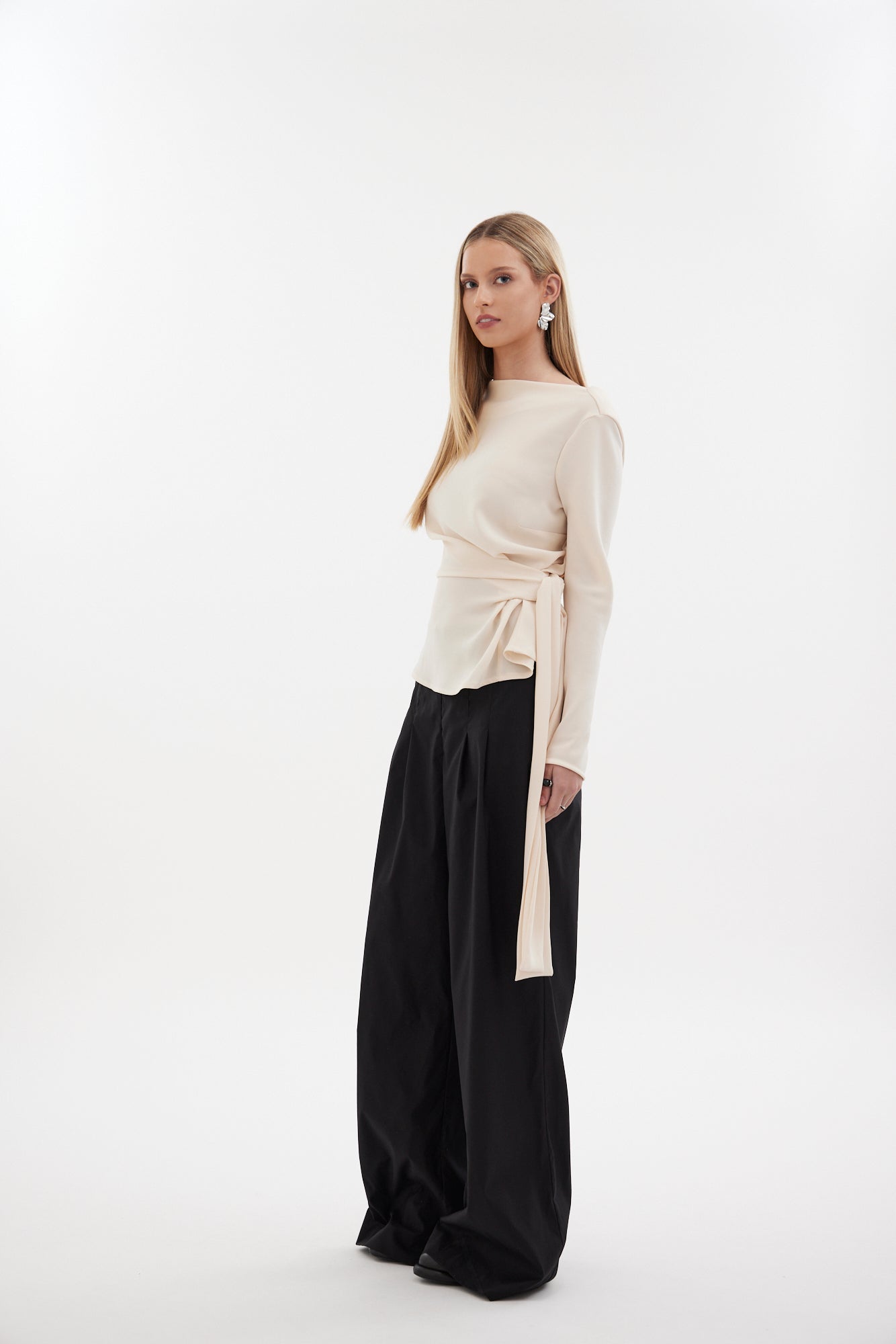 The Zenith Top by Racket - a sculpted cross over top with bias sleeves and adjustable tie. Available in crepe and satin back crepe. NZ made.